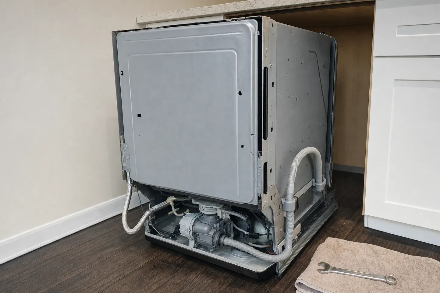 Dishwasher lifted clear of its cabinet and standing on the floor, base pan, pump and hoses open to view