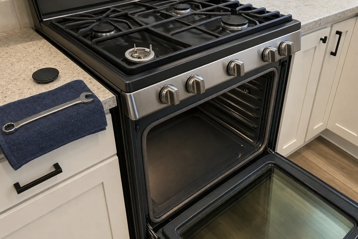 Stainless-fronted gas range in a white-cabinet kitchen, oven door open and one burner cap set aside on the counter