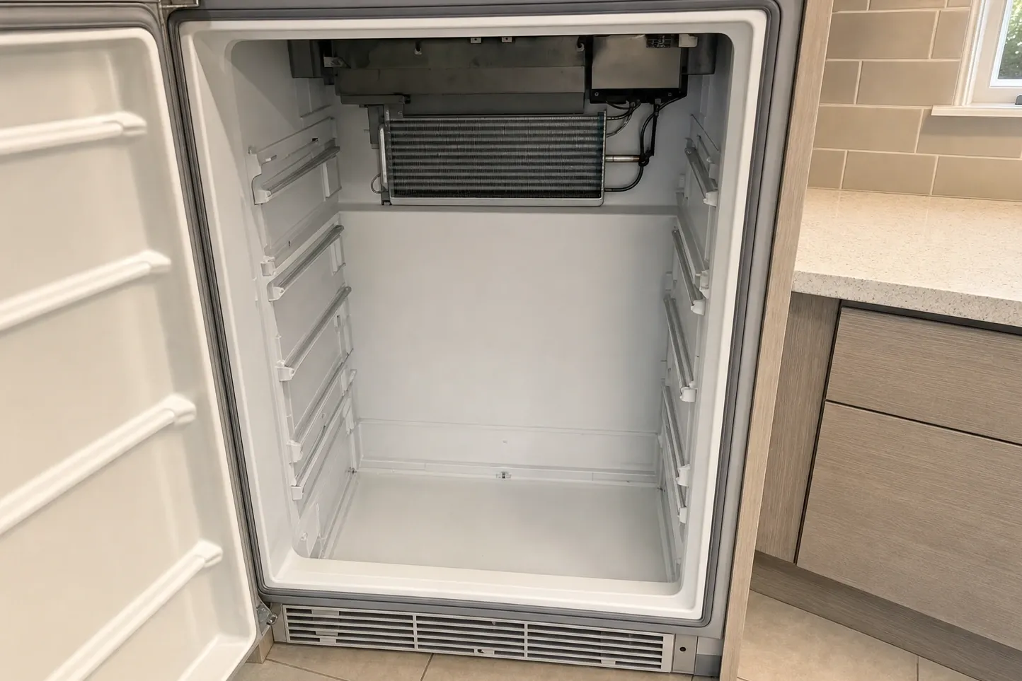 Undercounter refrigerator standing open and empty with the finned evaporator coil exposed across the top of the compartment