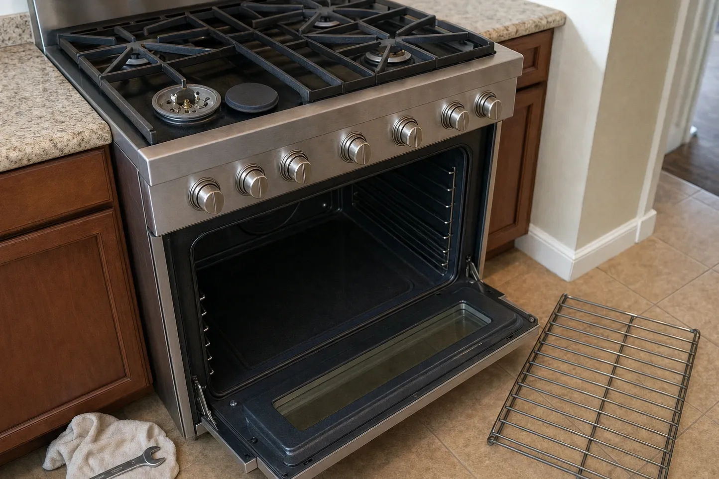 Six-burner stainless range with one cap lifted so the burner head and its electrode show, a full row of control knobs and the oven door open on an empty cavity